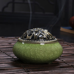 Ceramic Buddha incense burner w/base copper alloy - Free Shipping Throughout North America