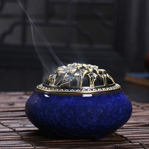 Ceramic Buddha incense burner w/base copper alloy - Free Shipping Throughout North America