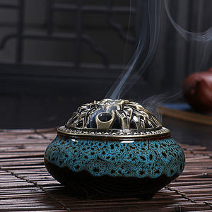 Ceramic Buddha incense burner w/base copper alloy - Free Shipping Throughout North America