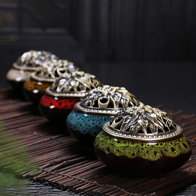 Ceramic Buddha incense burner w/base copper alloy - Free Shipping Throughout North America