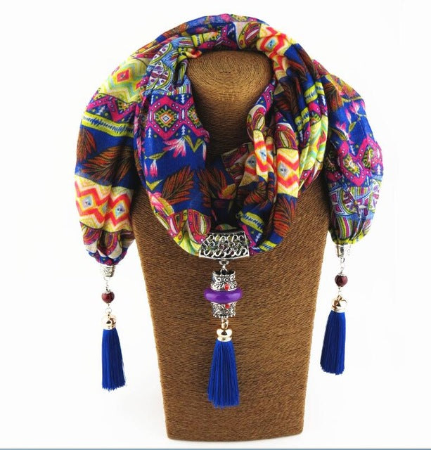 Chiffon Silk Scarf Necklace w/Buddha Beads - Free Shipping