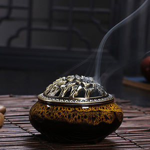 Ceramic Buddha incense burner w/base copper alloy - Free Shipping Throughout North America